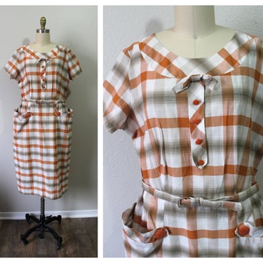 Vintage 1940s 50s Fruit of the Loom Bucket Pockets Belted Cotton Day Dress Buffalo Plaid Check  // Chest up to 44" Large/XL Plus Size 