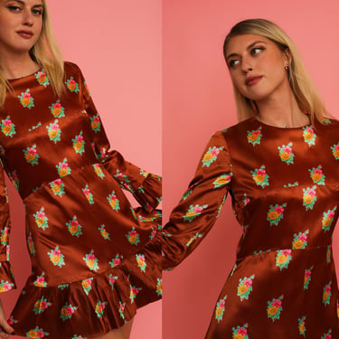 Vintage 1970s 70s Brown Satin Silk Long Sleeve Ruffle Babydoll Floral Brown Micro Mini Dress 