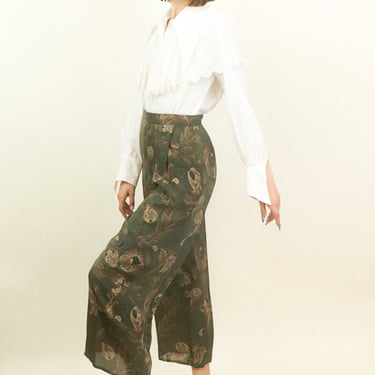 80's Olive Green Silk Floral Pants 