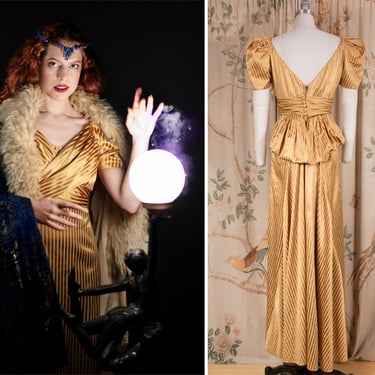 1930s Dress - Incredible c. 1939 Gold Striped Evening Gown with Wrap Bodice and Bustle, Possible Hattie Carnegie Designed by McCardell 