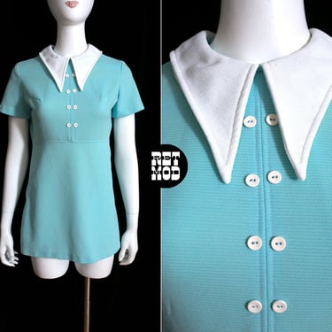 Cute Mod Vintage 60s 70s Light Blue Micro Mini Dress with White Dagger Collar 