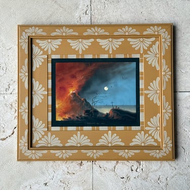 19th C. Neapolitan Gouache of the View of Vesuvius I Circa 1841 in Yellow Gusto Painted Frame X