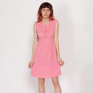 Small 60s Pink Babydoll Mini Dress | Vintage Sleeveless A Line Tie Back Dress 