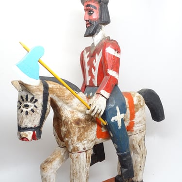 Large 15 Inch Antique Saint James the Apostle on Horse Santos Carving, Santiago Matamoros Wood Sculpture, Vintage Primitive Mexican Folk Art 
