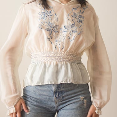 1940s Parachute Silk Embroidered Peasant Top - Blue 