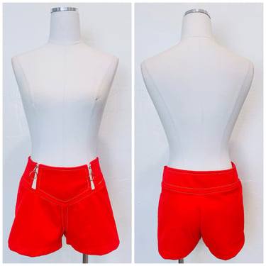 1970s Vintage Miss Holly Double Zip Hot Pants / 70s Mid Rise Mod Poly Knit Shorts / Medium 