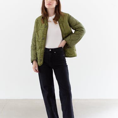 Vintage Green Liner Jacket | Unisex Wavy Quilted Nylon Coat | XS S | LI188 