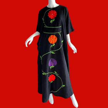 60s Ramona Rull Embroidered Caftan, Vintage Indian Shisha Festival Maxi Dress One Size 