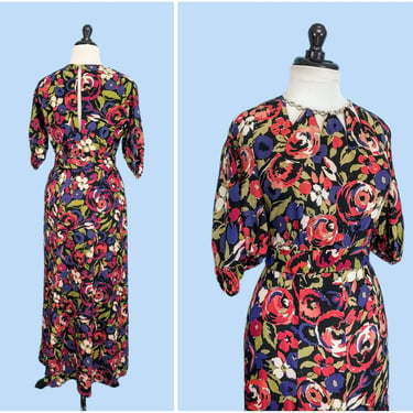 Vintage 1930s Floral Print Silk Evening Gown, Vintage 30 Elegant Party Dress 