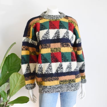 80s Wool Hand Knit Patchwork Sweater - L 