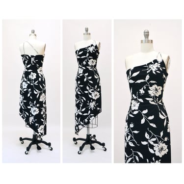 Vintage 00s Y2K Bias Cut Silk Dress Cache Black White Floral Print Beaded one Shoulder Dress XS Small 90s 00s Y2k Silk Tank Black Dress 