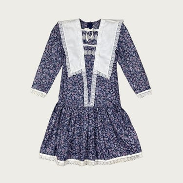 (S) Gunne Sax Navy Blue Floral Drop Waist Collared Dress