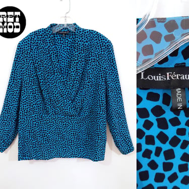 Louis Feraud Designer Turquoise & Black Patterned Statement Blouse 