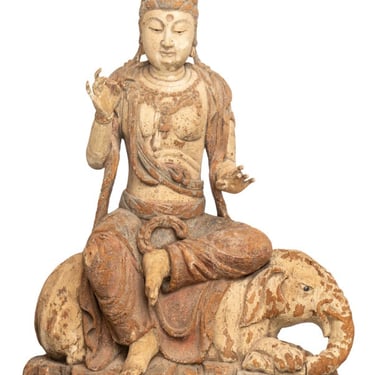 Chinese Monumental Carved Wood Guanyin on Elephant