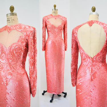 80s 90s Vintage Pink Beaded Sequin Dress Riazee Lillie Rubin XS Small // 80s 90s Glam Vintage Sequin Pink Pageant Wedding Party Dress 