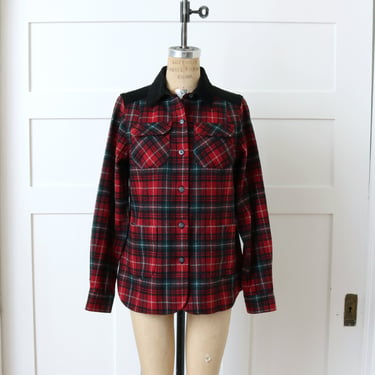 women's Pendleton red plaid wool shirt / shacket with corduroy • 49er style camp shirt with pockets 