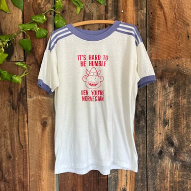 Vintage 80s Norwegian Viking It’s Hard To Be Humble Ringer T shirt size L/XL 