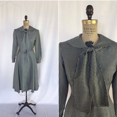 Vintage 80s dress | Vintage gingham shirtwaist dress | 1980s black white bow tie dress 
