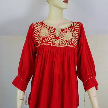 Vintage handmade embroidered Mexican peasant blouse, hippie aesthetic red, gauzy sheer cotton red and cream top, size small, med, large 