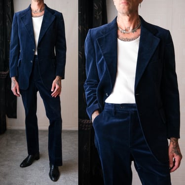 Vintage 70s PIERRE CARDIN Boutique Line Navy Velvet Flare Leg Suit | Made in France | 1960s 1970s French Designer Velvet Tailored Mens Suit 