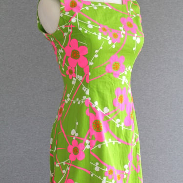 1970s - Party in the Back - Neon Pink/Green- Sundress - Pool Party - Beach Tropical - estimated size S 