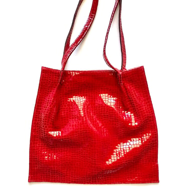 Vintage Red Leather Shoulder Bag 90s Y2k Shiny Tote Purse 