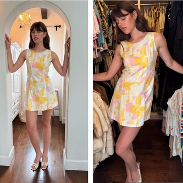 60s Pastel Pink Yellow Playsuit romper Mini Dress Pin up Girl M 