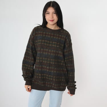 90s Plaid Wool Sweater Brown Oversized Merino Wool Pullover Grunge Vintage Checkered Print Jumper Grunge 1990s Men's Extra Large xl 