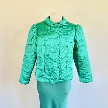 Vintage 1980's Emerald Green Silky Asian Style Jacket Peter Pan Collar Covered Buttons Chinese Japanese Formal Evening Nordstrom Large 