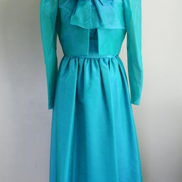 1980s Teal Bianchi Cocktail Dress- Formal Organza Party Set, Matching Jacket- Size S/M 
