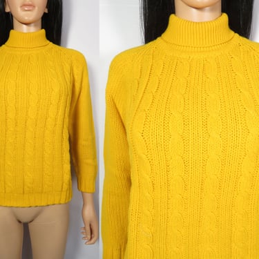 Vintage 60s/70s Mod Mustard Yellow Cable Knit Turtleneck Sweater Size S 