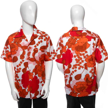 1970's Sears Hawaiian Fashions Collection Orange and White Floral Print Tiki Shirt Size L/XL