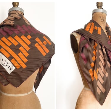 Autumn vibes ‘70s LANVIN PARIS chocolate brown silk scarf, orange & plum, accordion pleated scarf, soir, designer scarf, made in France 