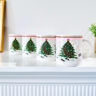 Christmas Pleasure Mugs, Vintage Set of Four or Two Ceramic Coffee Mugs 10oz Green Tree Red Sleigh, Vintage Holiday Decor Christmas Gift Set 
