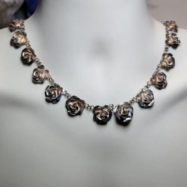 Vintage 925 Silver 3D Dimensional Rose Necklace Taxco Mexico Mexican 16