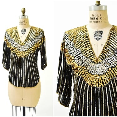 Vintage Sequin Shirt Size Medium Gold Silver Metallic Black Sequin Beaded Shirt Top Art Deco Flapper Inspired By Judith Ann Creations 