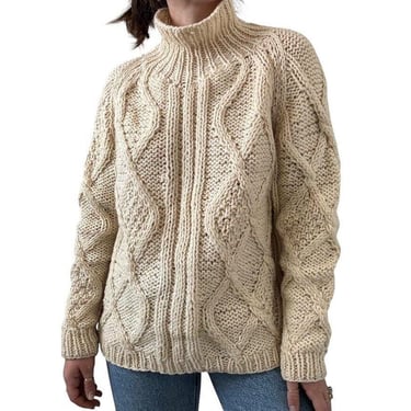 Vintage 1970s Womens Hand Knit White Cable Chunky Fisherman Cardigan Sweater L 