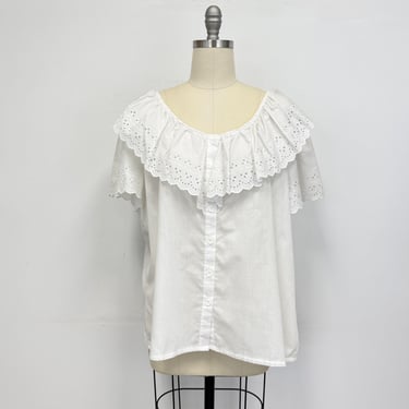 Vintage Blouse with  Eyelet Ruffle Collar and Sleeves | 90s White Blouse | Plus Size Ms. Bond 