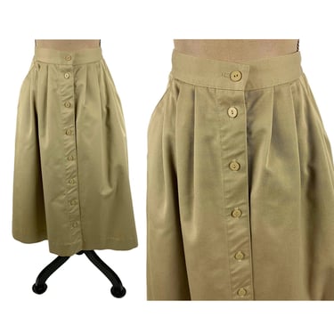 70s Khaki Midi Skirt Small - High Waisted A Line Button Down with Pockets - Tan Cotton Twill Casual Clothes Women Vintage 1970s Koret -ILGWU 
