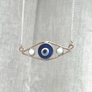 Evil Eye Pendant Handmade with blue glass eye and opals 