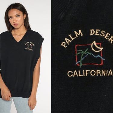 Palm Desert California Shirt Sleeveless Sweatshirt 80s Pullover V Neck Vest Slouchy Shirt Retro Black Tank Top 1980s Vintage Oversized Large 