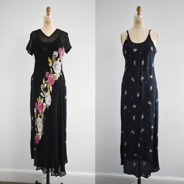 1990s Black Sheer Floral Dress and Slip Dress 