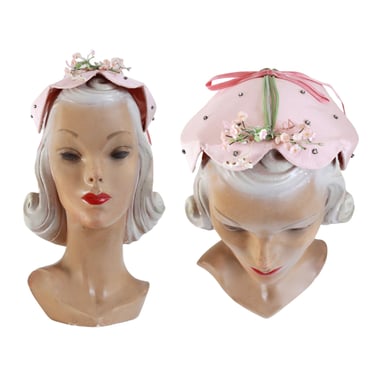 1950s Pale Pink Spring Calot Hat - 1950s Pink Half Hat - 1950s Pink Hat - Mid Century Pink Hat - 1950s Rhinestone Hat - 1950s Flower Hat 
