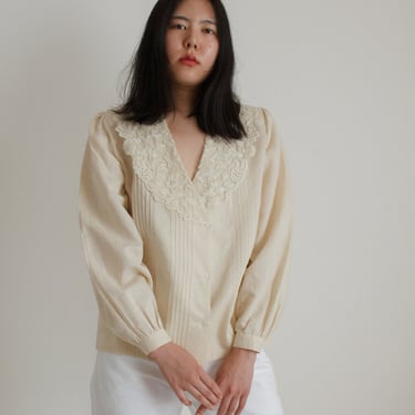 Vintage cream cotton blend lace collar pleated blouse // L (2082) 