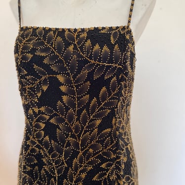 90s Y2k Velvet Dress, vintage gold sequin dress, leaf embroidered gold beaded dress, black party dress, gold festival dress size small 