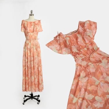 Floral ruffle maxi | Vintage 70s pink semi sheer maxi dress 