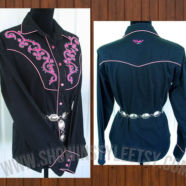 Walls Cowgirl Vintage Retro Women's Cowgirl Western Shirt, Black with Floral Embroidery & Rhinestones, Tag Size Medium (see meas. photo) 