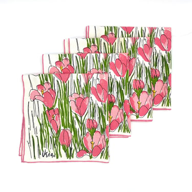 Vintage 1970s VERA Set of 4 Cotton Floral Napkins, Vera Neumann Bright Pink Flowers Print Table Linen, Spring-Summer Entertaining 