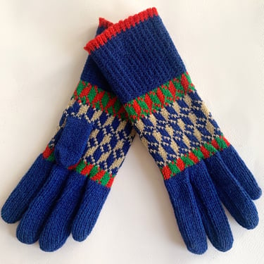 Deadstock 1940s Knit Wool Gloves - Blue, Red and Green - Size XS Narrow