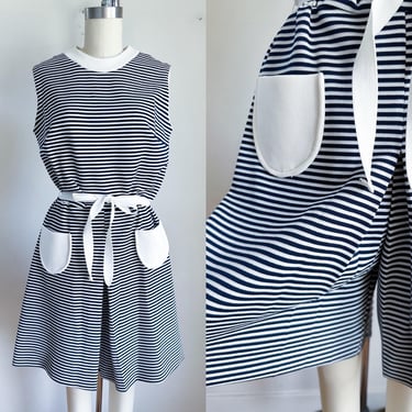 Vintage 1960s Navy & White Striped Romper Playsuit / M 